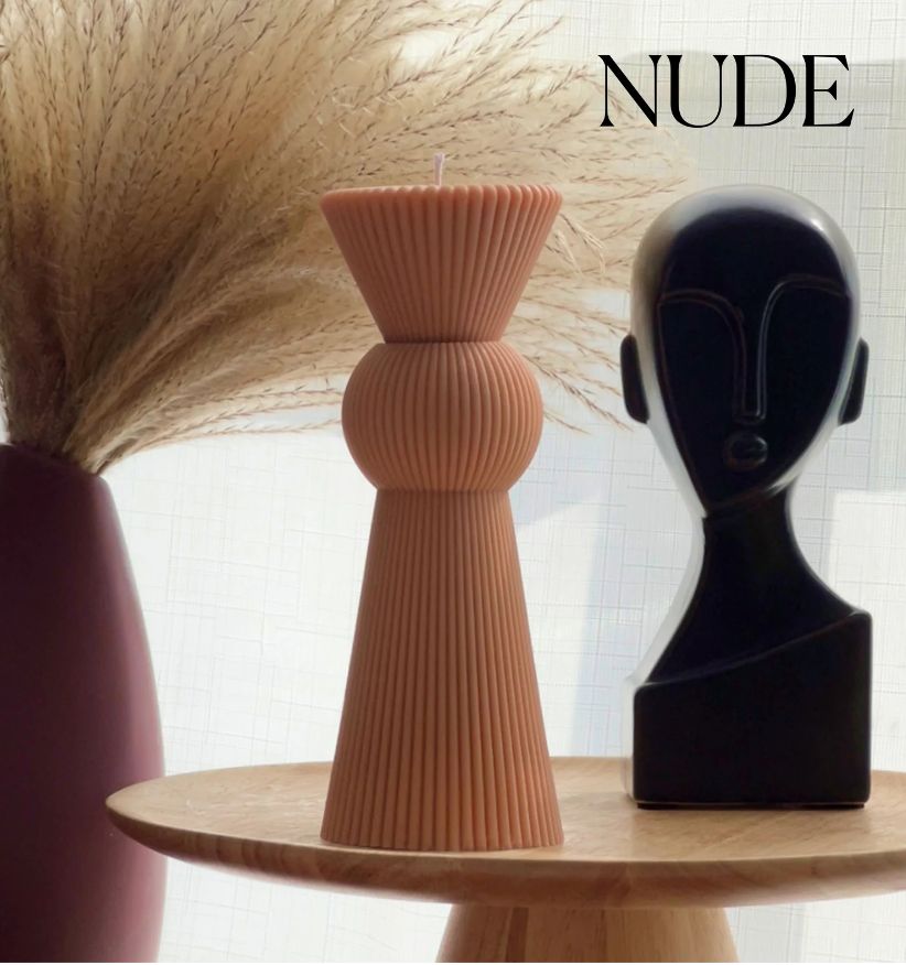 Small Chess Figure Ribbed Pillar Candle, Colour: Nude