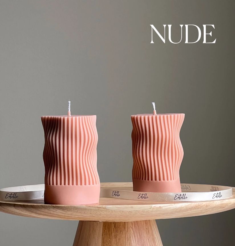 Ribbed Wave Irregular Column Pillar Candle, Colour: Nude