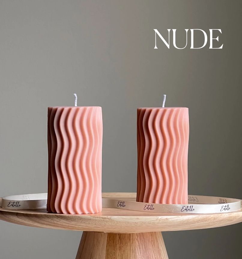 Ribbed Wave Pillar Trendy Candle, Colour: Nude