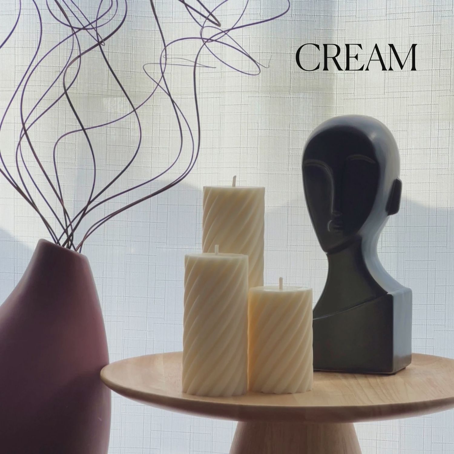 Ribbed Swirl Pillar Candle Set, Colour: Cream