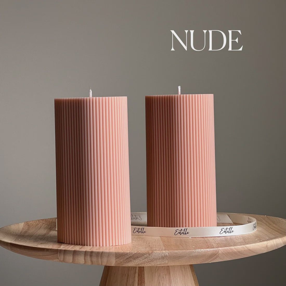 Ribbed Oval Pillar Candle, Colour: Nude