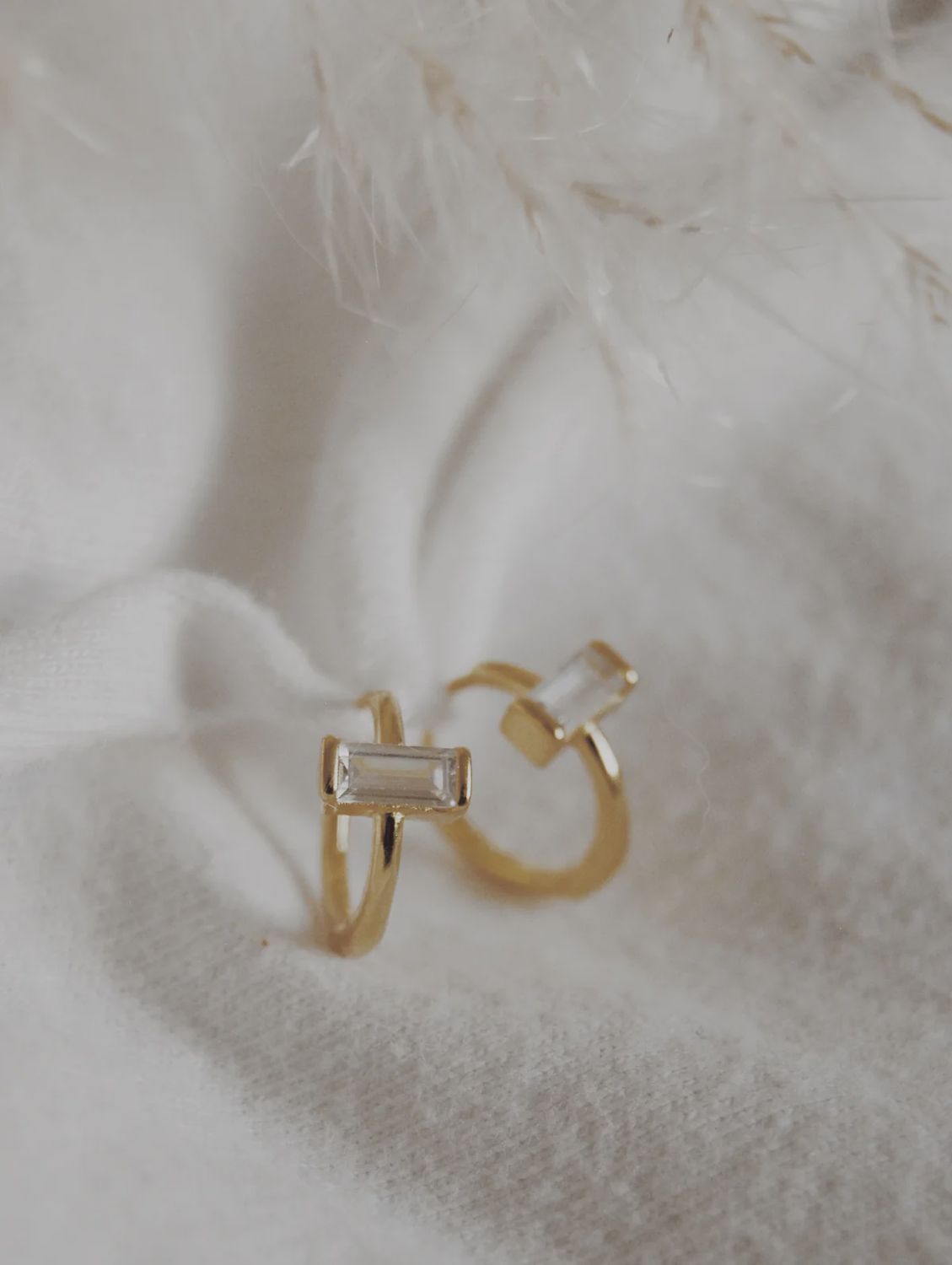 East West Baguette Huggie Hoops, Colour: Gold