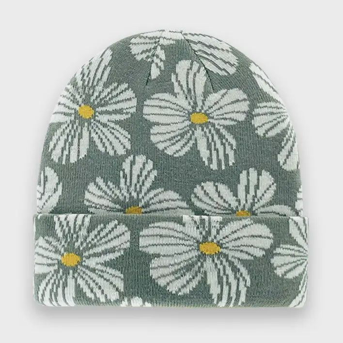 Retro Daisy Floral Knit Beanie Hat – Unisex Winter Botanical Streetwear