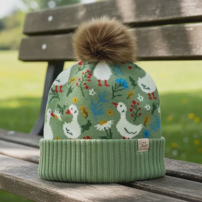 Kids Goose Pattern Pom Knit Beanie Cozy Winter Gift