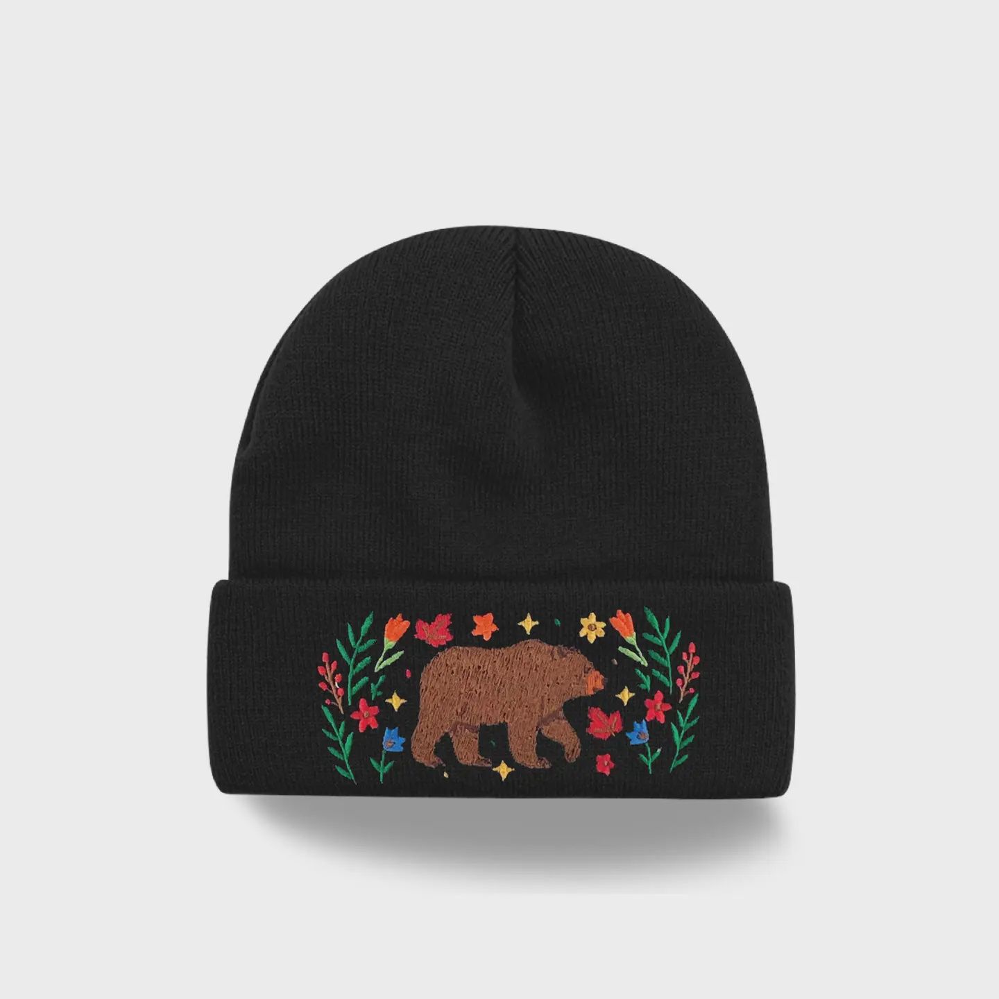 Bear Forest Embroidered Beanie – Cozy Knit Winter Hat with Wildflower Nature Design (Black)