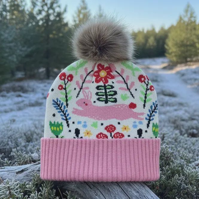 Kids Garden Flower Pattern Pom Knit Beanie Winter Hat