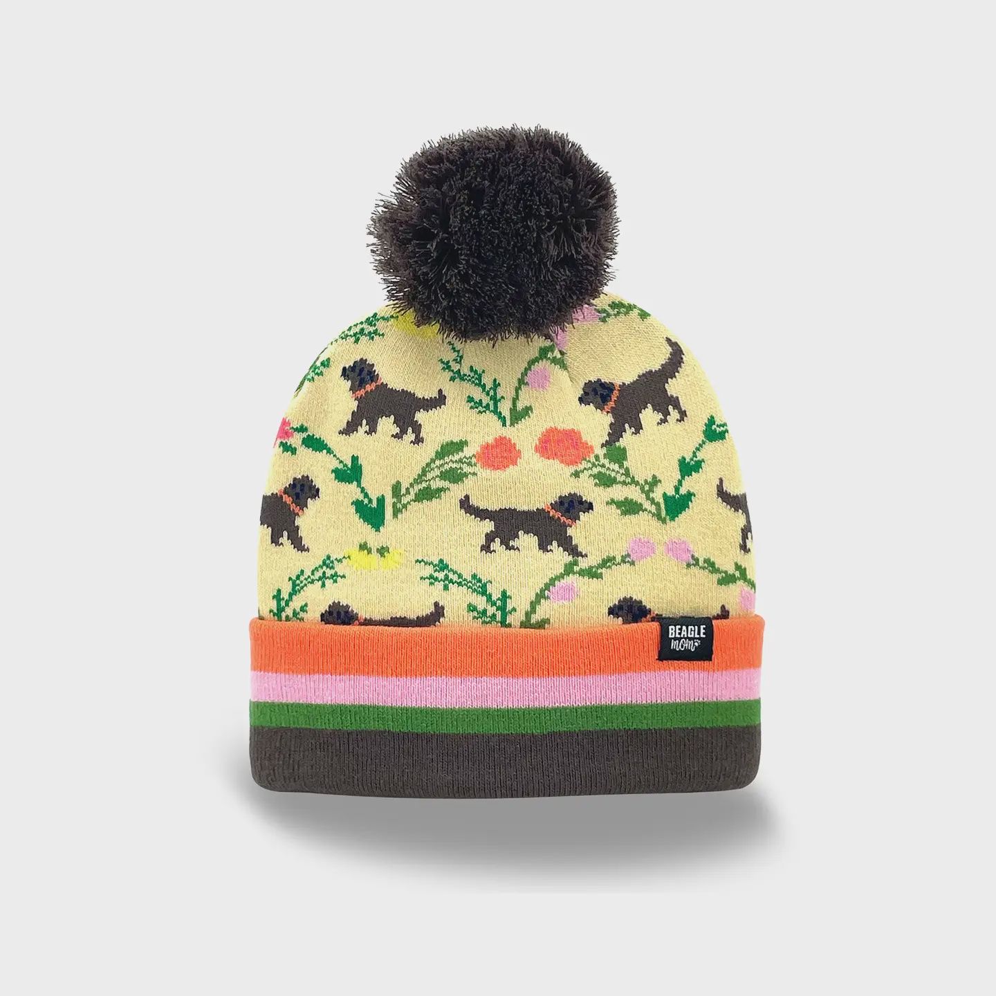 Floral Dog Print Knit Beanie with Pom Pom, Outdoor Casual Winter Hat