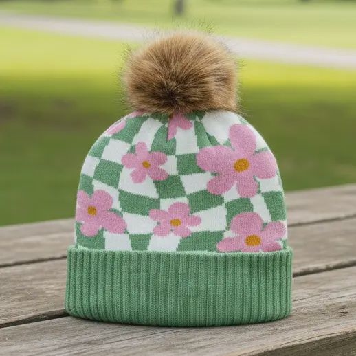 Green Knit Pom Beanie – Retro Pink Flower Checkerboard Pattern Warm Winter Hat