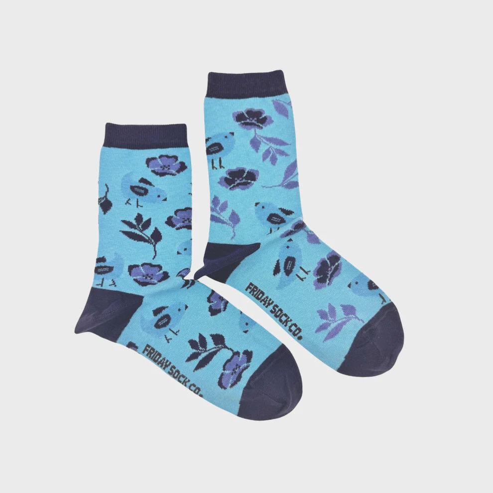 Women's Bluebird Flower Mismatched Crew Socks
