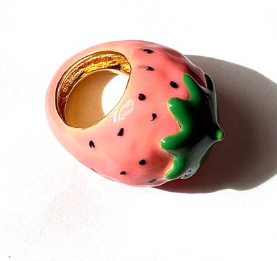 Fruit Basket Ring- Large Dome Fruit Rings- Enamel Hand Made: Pink Strawberry