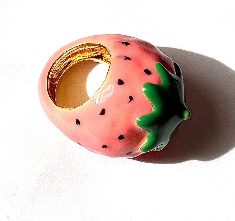 Fruit Basket Ring- Large Dome Fruit Rings- Enamel Hand Made: Pink Strawberry