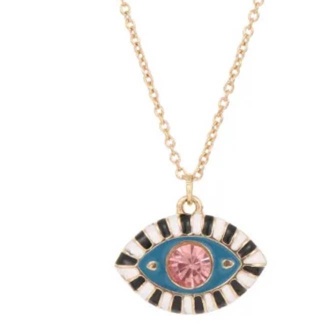 Evil Eye Enamel and Crystal Pendant Necklace Waterproof: Pink/teal