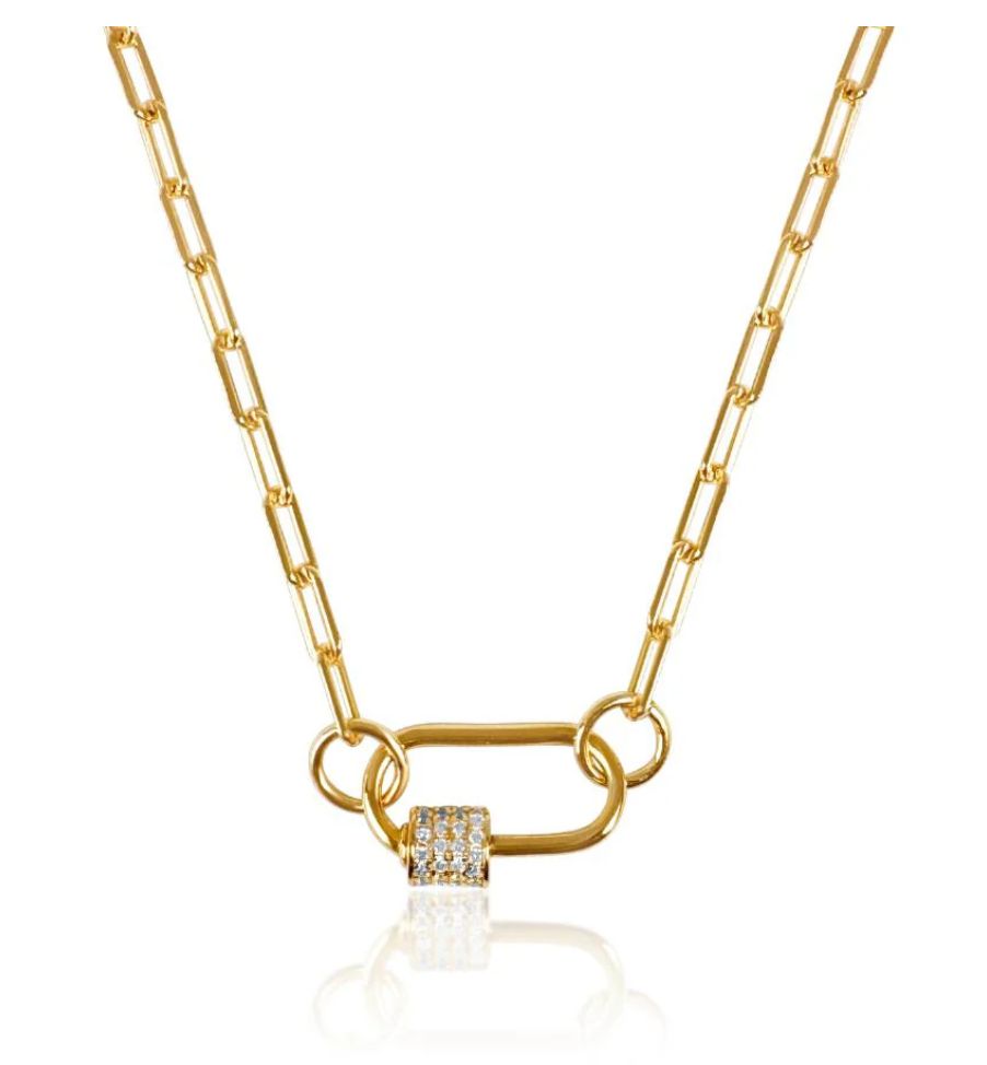Carabiner Small CZ paperclip Charm Steel Necklace: Yellow Gold