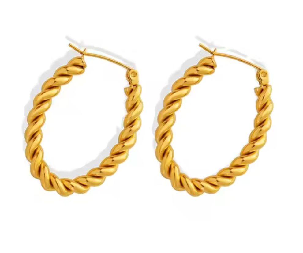 Chunky Twisted Rope Oval Hoop Earring-PVD18K Gold-Waterproof