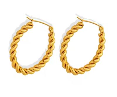 Chunky Twisted Rope Oval Hoop Earring-PVD18K Gold-Waterproof