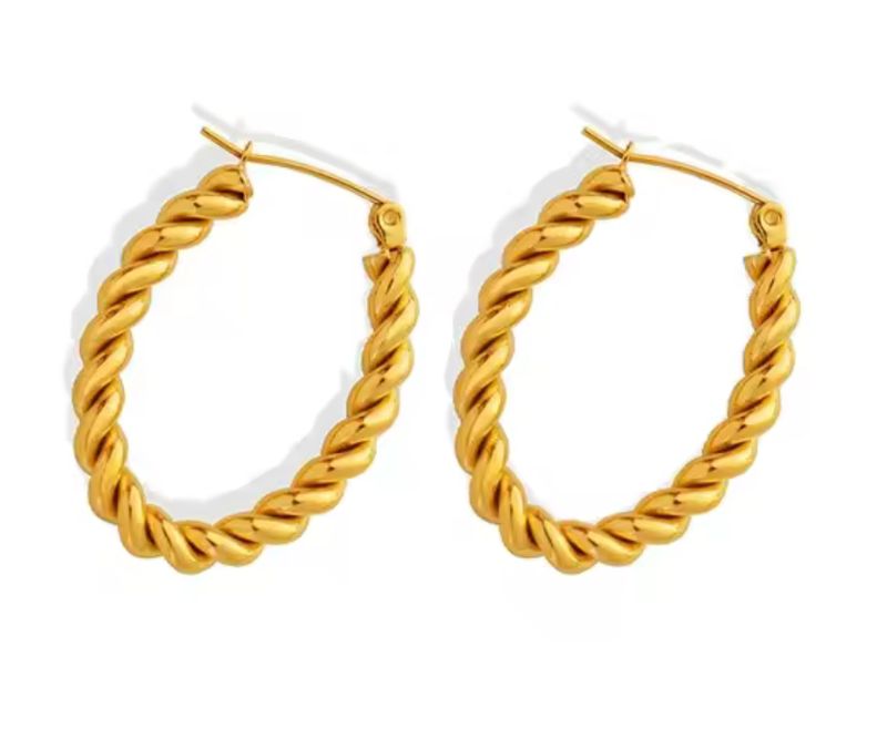 Chunky Twisted Rope Oval Hoop Earring-PVD18K Gold-Waterproof