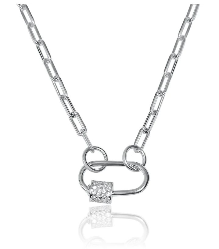 Carabiner Small CZ paperclip Charm Steel Necklace: Silver