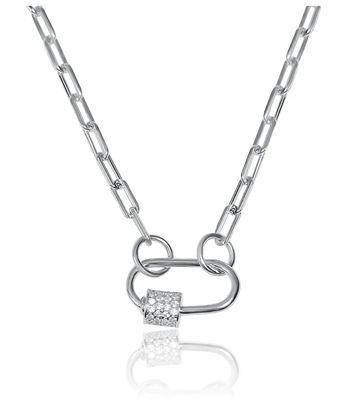 Carabiner Small CZ paperclip Charm Steel Necklace: Silver