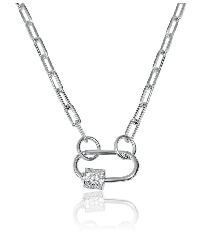 Carabiner Small CZ paperclip Charm Steel Necklace: Silver