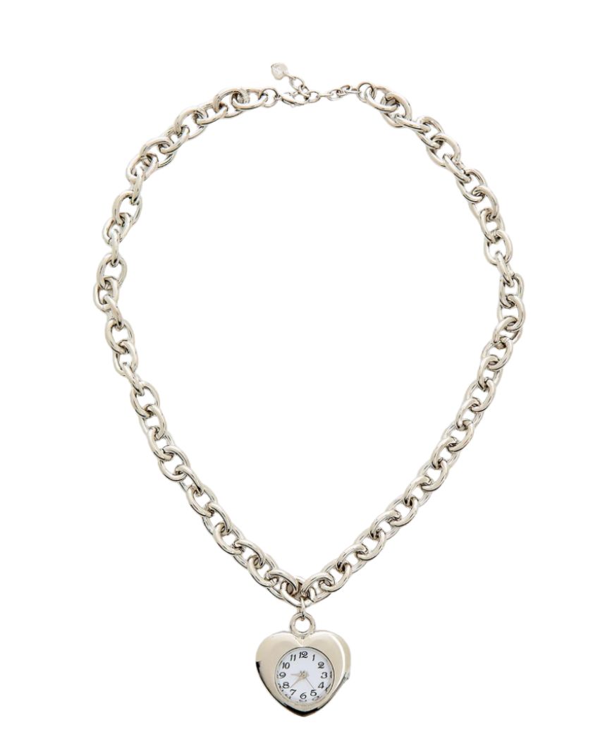 Watch Necklace- Steel Chain , Heart Shaped, Really Works: Silver