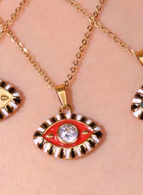Evil Eye Enamel and Crystal Pendant Necklace Waterproof: Red