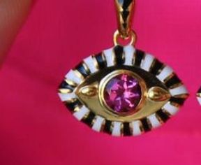 Evil Eye Enamel and Crystal Pendant Necklace Waterproof: Pink/gold