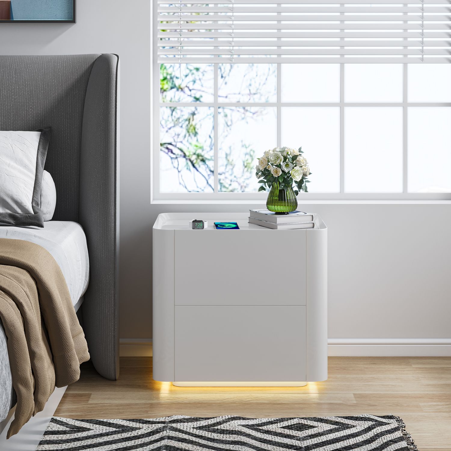 Gloss White Wood Nightstand with Warm Yellow Tone Induction Light Belt, Options: Gloss White+MDF