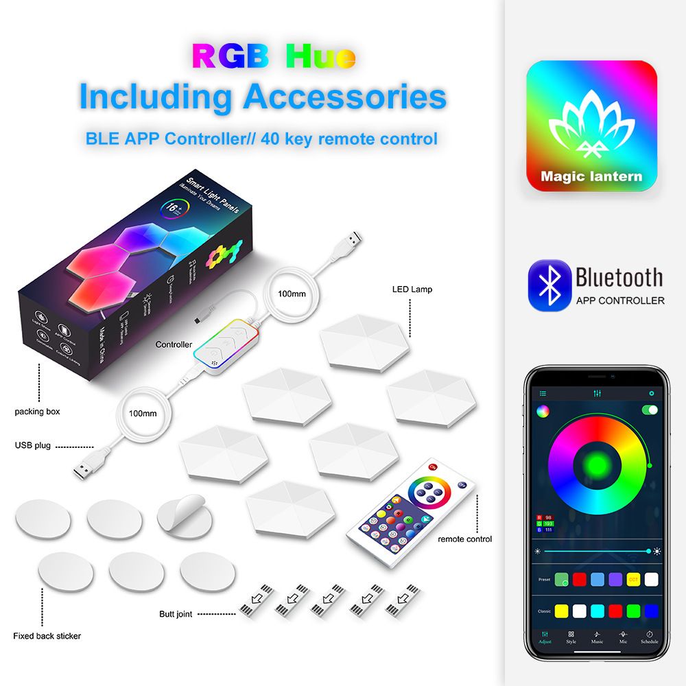 Tuya WIFI Hexagonal Quantum Lamp Bedside Lamp Wall Lamp E-sports Atmosphere Lamp Smart Honeycomb Lamp Magic Color Pickup Lamp, Light color: Bluetooth version 6-pack (packed in color box))