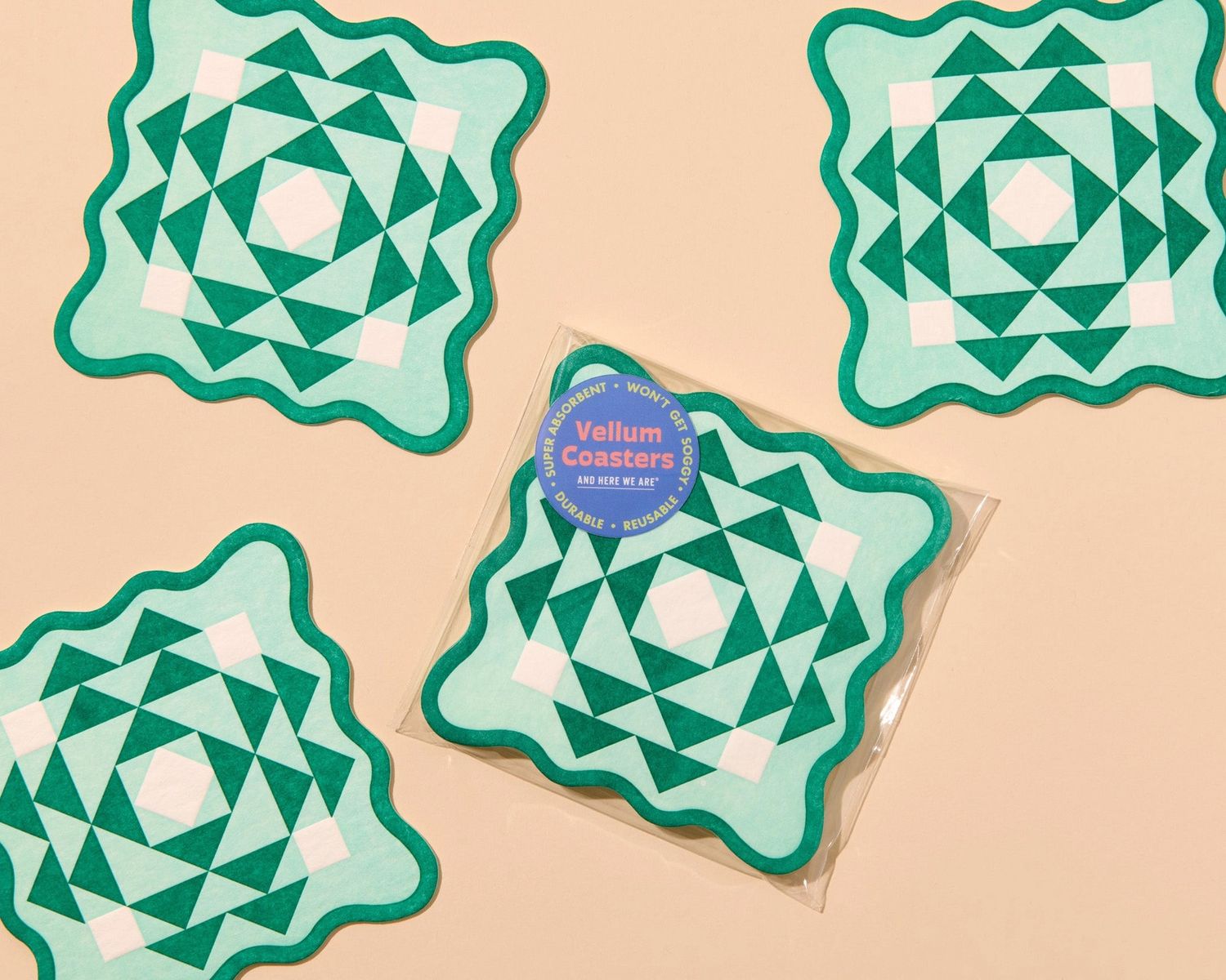 Letterpress Reusable Vellum Coasters in Green/Aqua Kaleidoscope Quilt