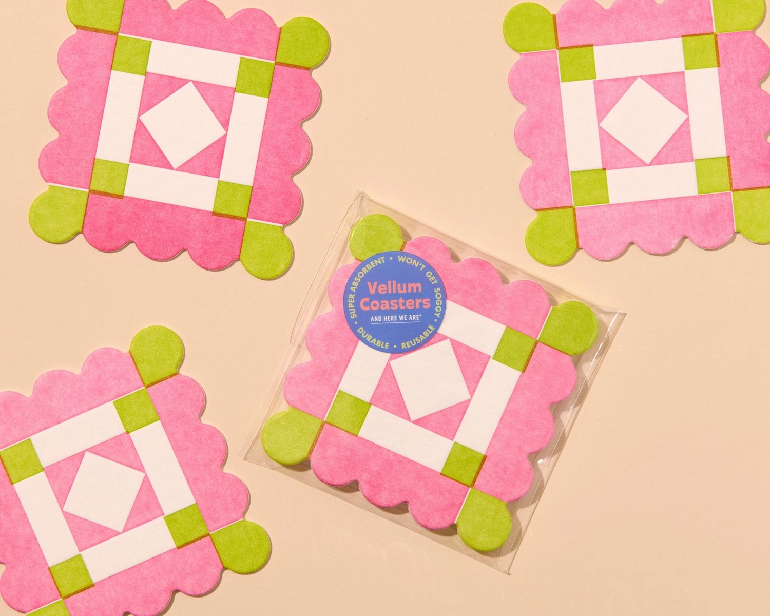 Letterpress Reusable Vellum Coasters in Pink/Green Liebchen Quilt