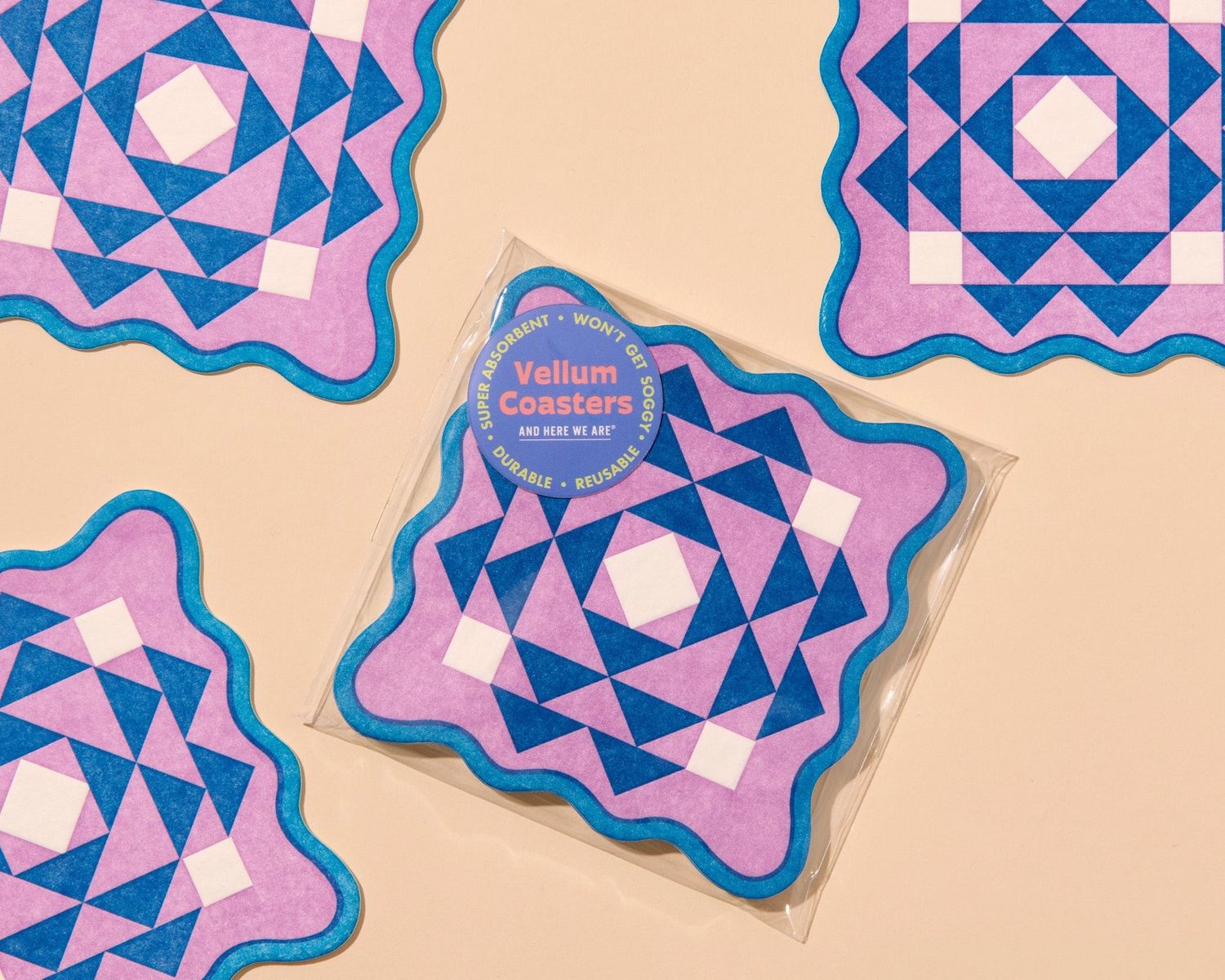 Letterpress Reusable Vellum Coasters in Lilac/Blue Kaleidoscope Quilt
