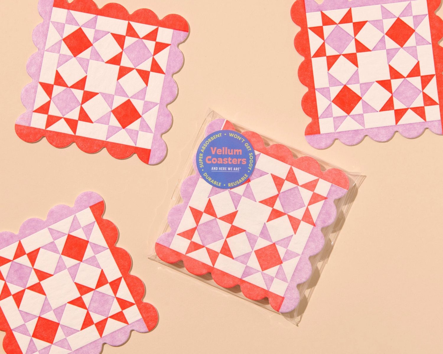 Letterpress Reusable Vellum Coasters in Red/Pink Mod Quilt
