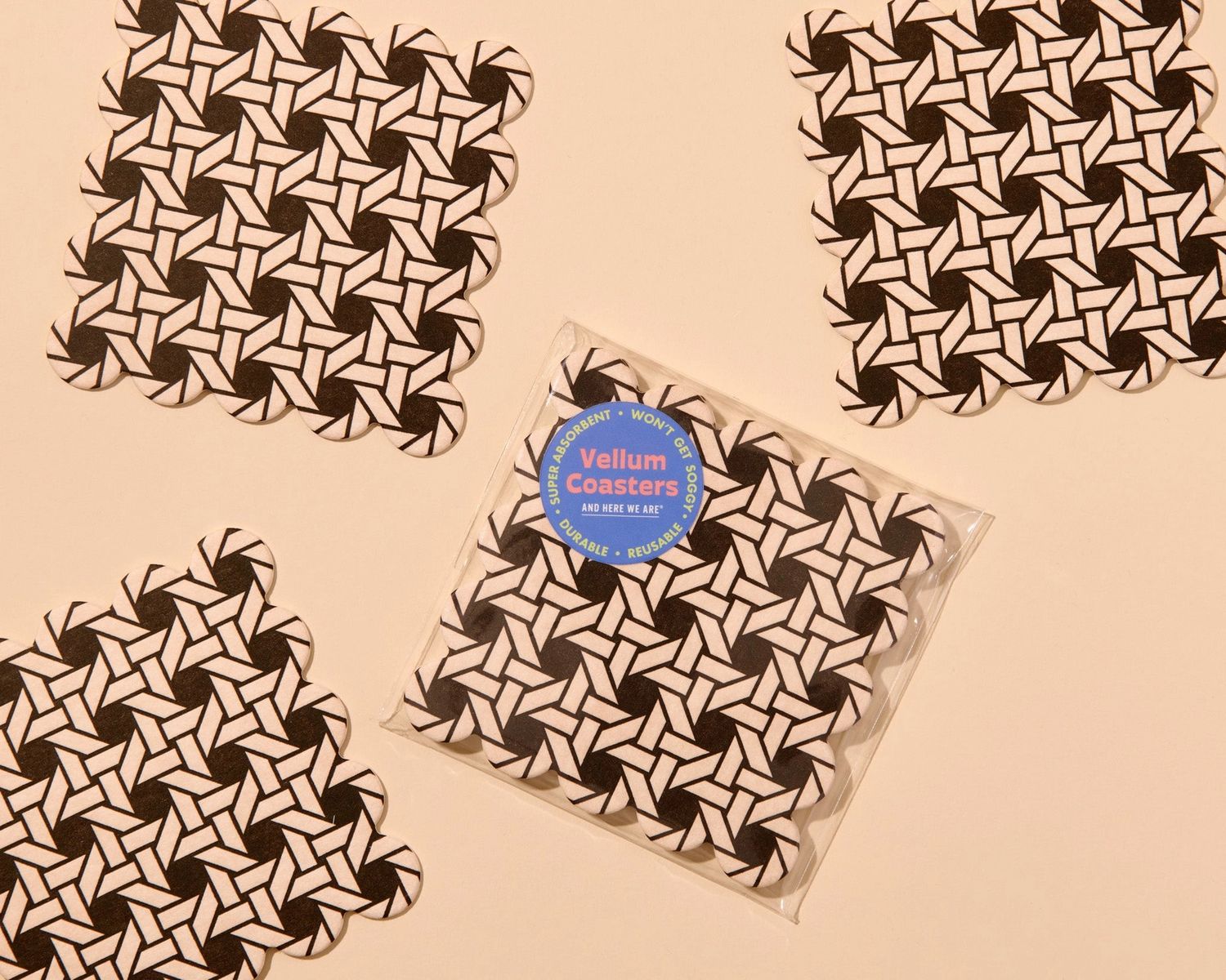 Letterpress Reusable Vellum Coasters in Rattan Weave
