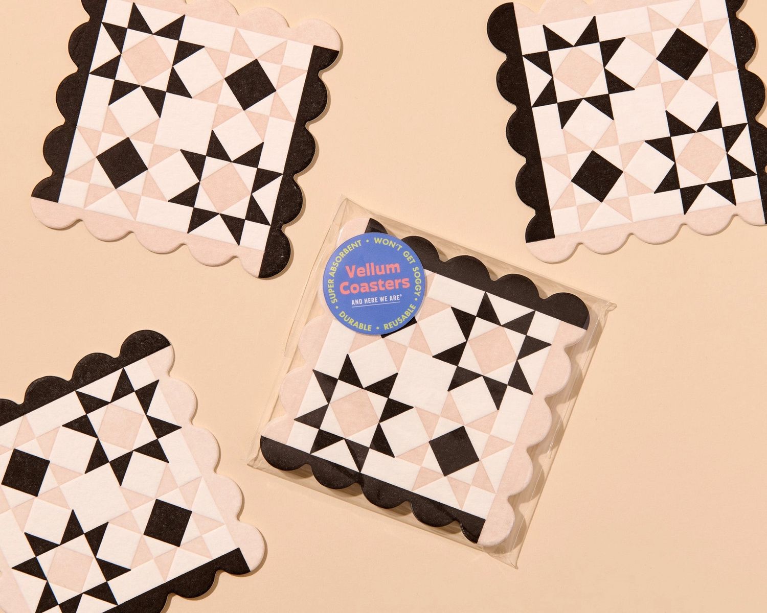 Letterpress Reusable Vellum Coasters in Black/Taupe Mod Quilt