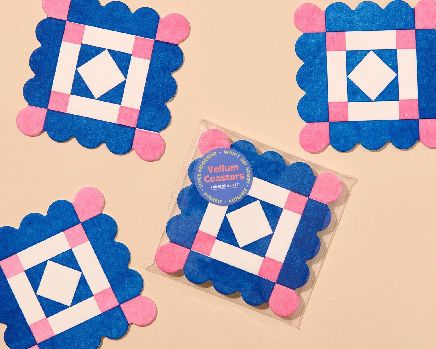 Letterpress Reusable Vellum Coasters in Blue/Pink Liebchen Quilt