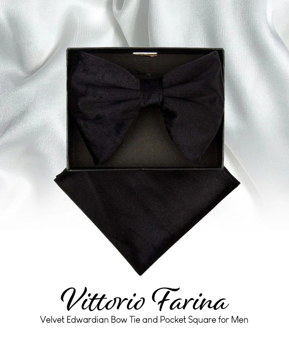 Velvet Edwardian Bow Tie &amp; Pocket Square, Color: Black