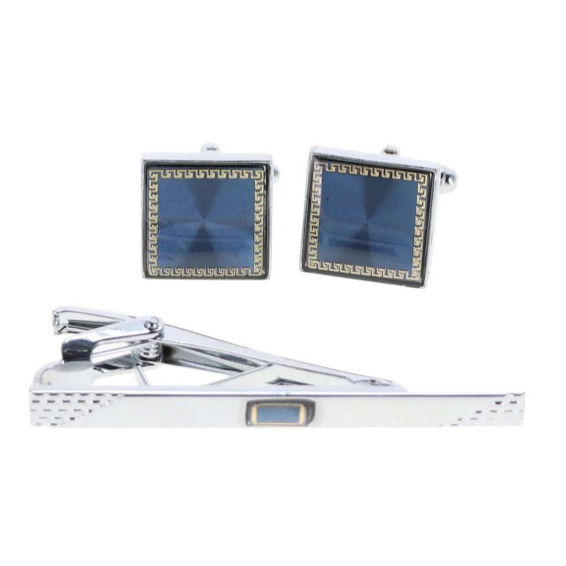 Enamel Cufflinks Set w/ Tie Bar, Color: Silver