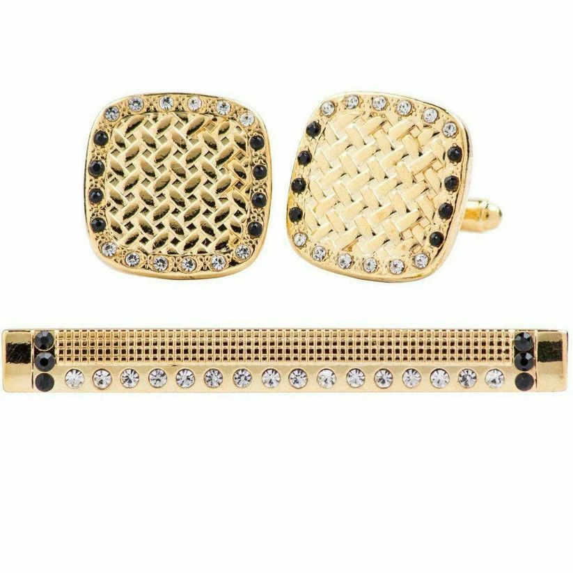 Rhinestone Cufflinks Set w/ Tie Bar, Color: Gold