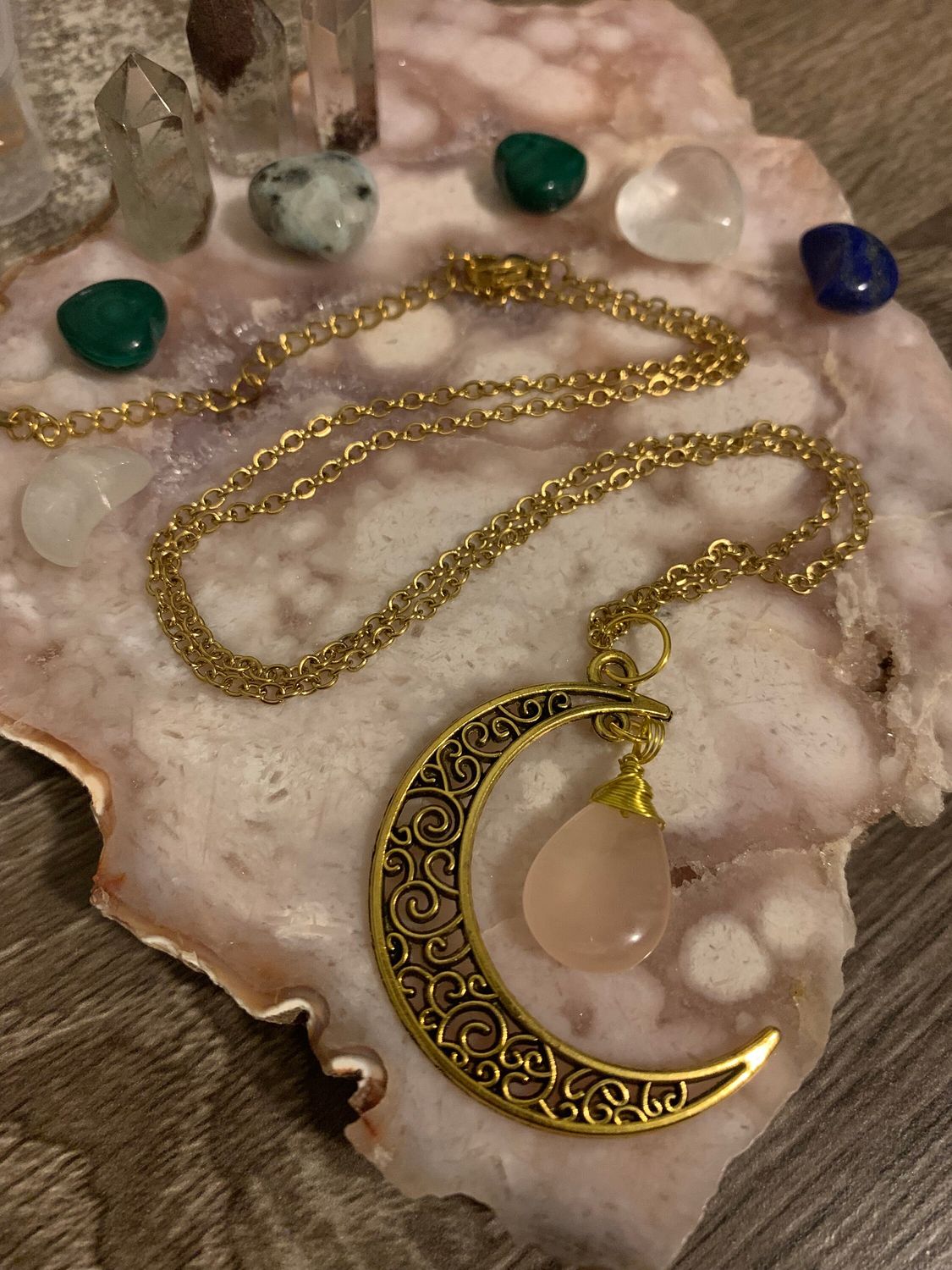 Rose Quartz and Golden Filigree Moon Copper Wire Wrapped Pendant 