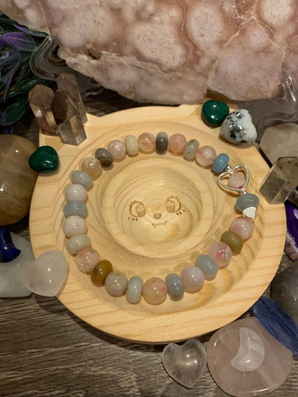 Silver Heart Crystal Beaded Bracelet : Flower Agate and Amazonite
