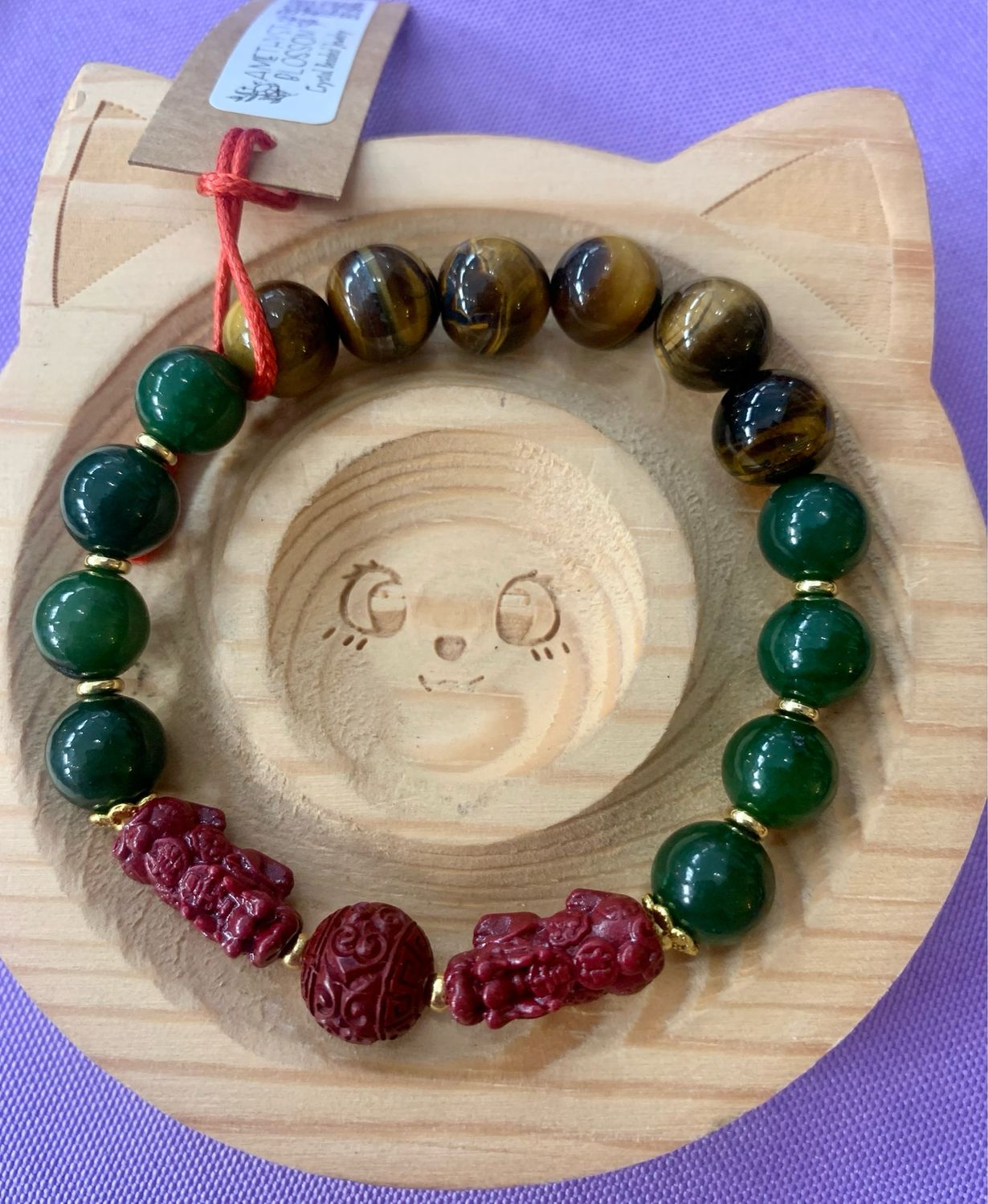 Cinnabar Pixiu, Jade &amp; Tiger’s Eye Good Luck &amp; Fortune Crystal Bracelet With 18k Plated Accents