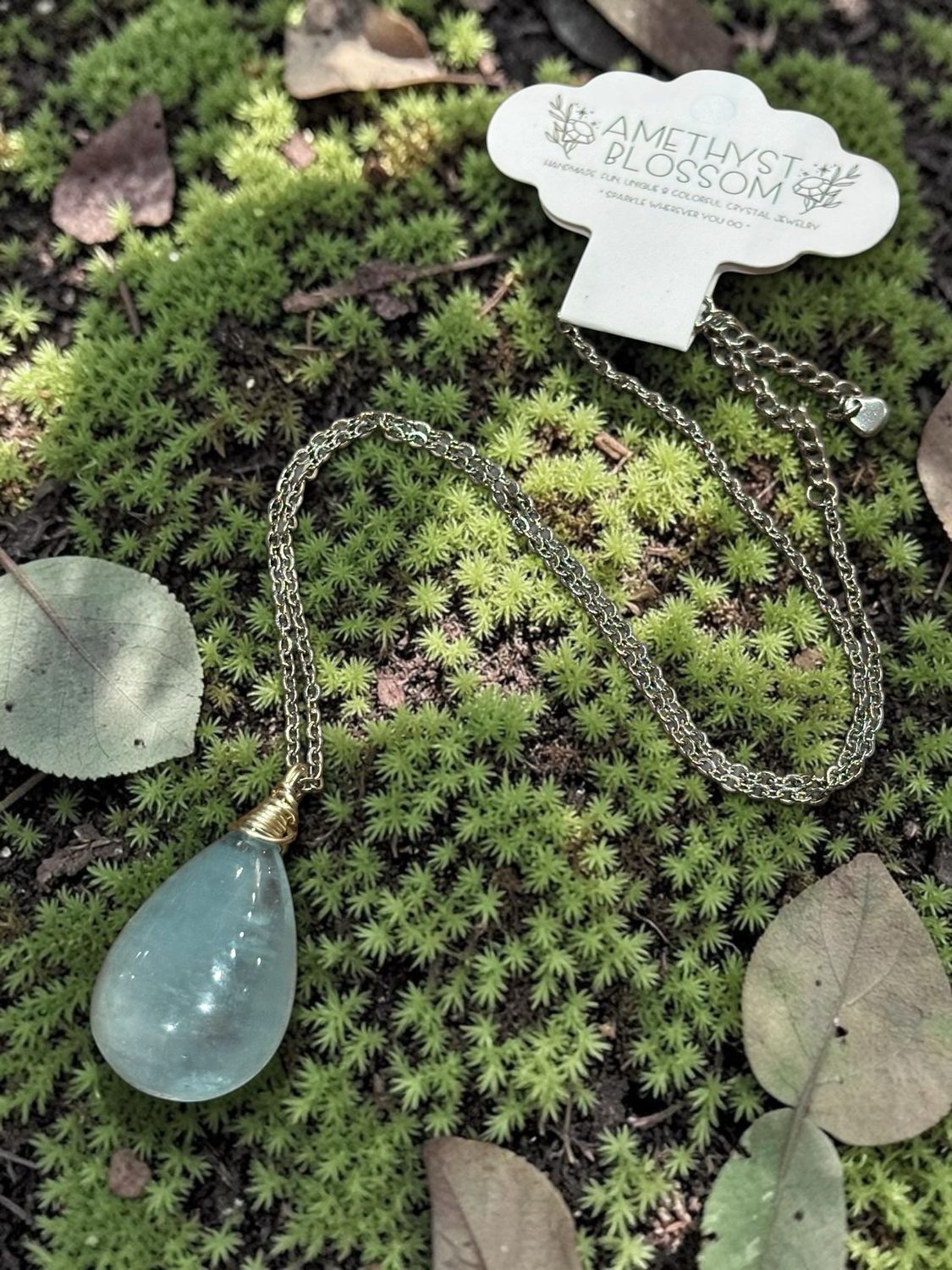 Aquamarine Drop Pendant Necklace – Copper Wire Wrapped Natural Gemstone