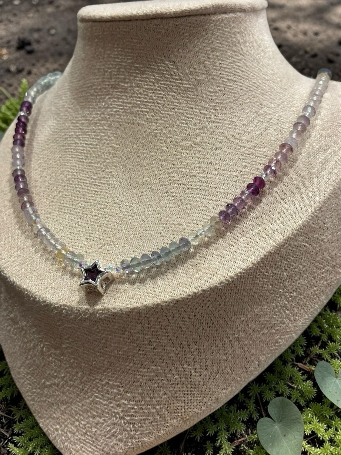 Rainbow Fluorite Star Necklace – Faceted Ombre Crystal with CZ Star Accent