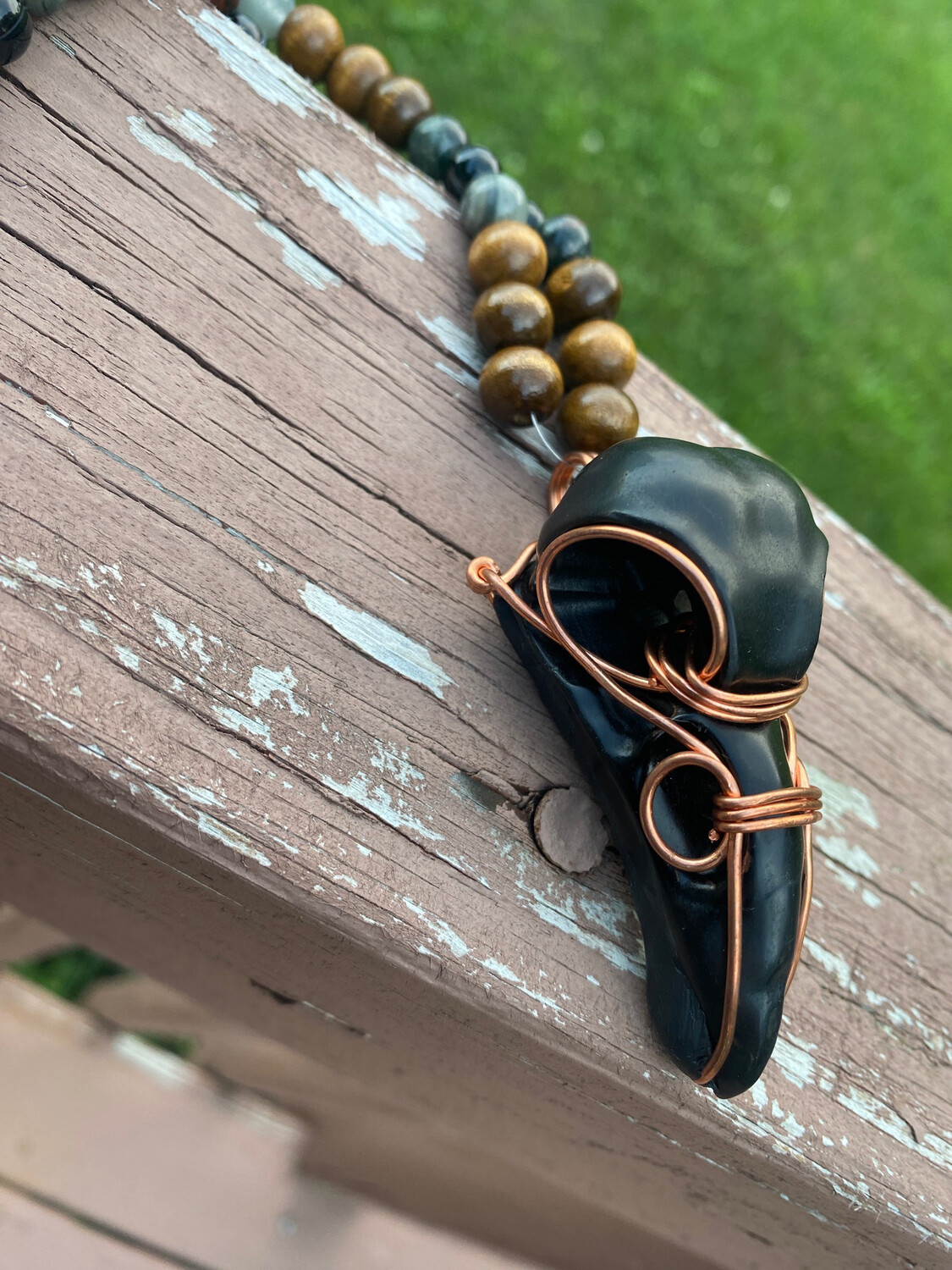 Black Obsidian Crow Skull Beaded Necklace