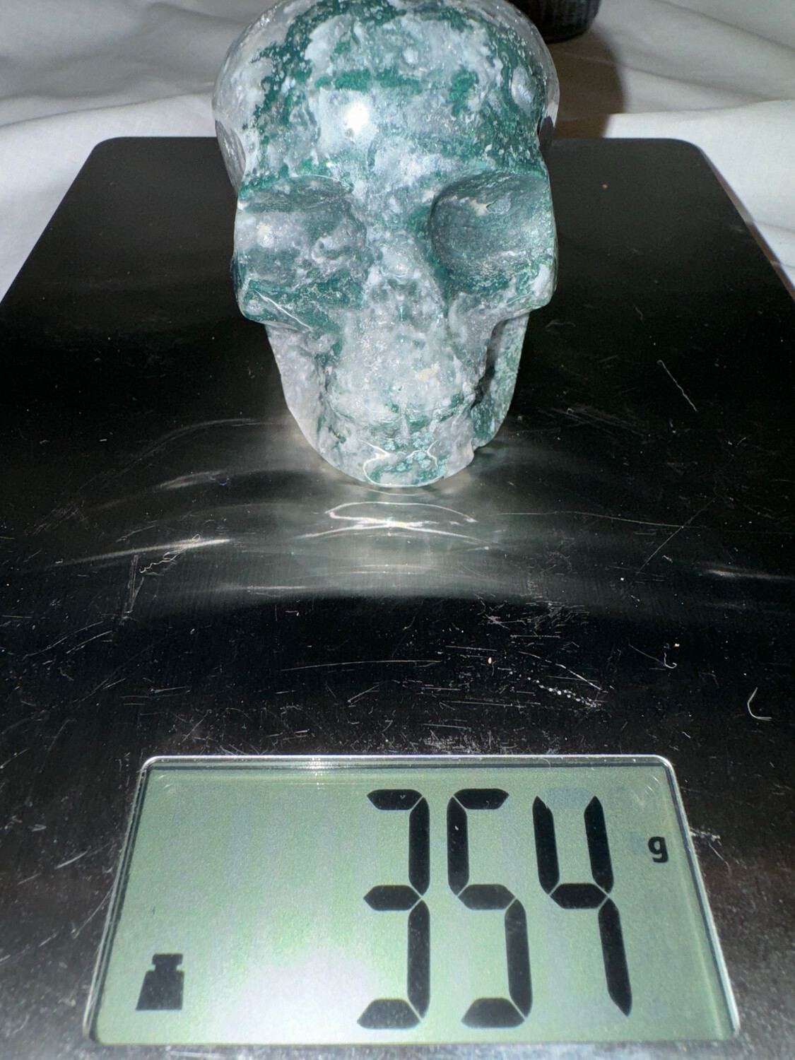 354g Moss Agate Skull Carving