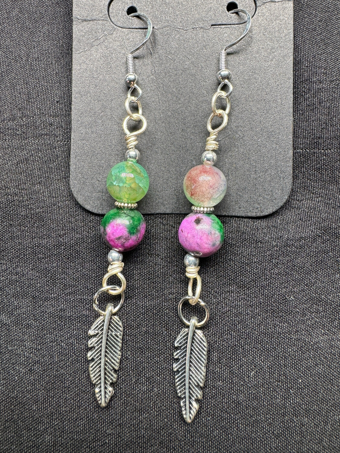 Ruby Zoisite And Fluorite Earrings W/ Feather Charm