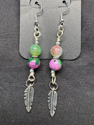 Ruby Zoisite And Fluorite Earrings W/ Feather Charm