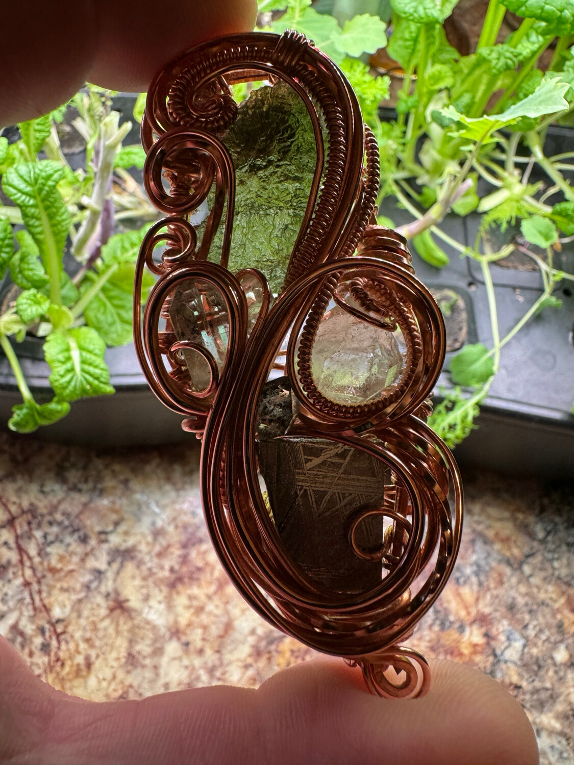 Moldavite, Meteorite, Herkimer Diamond Pendant