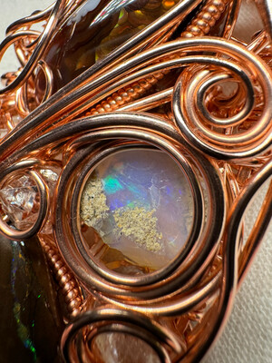 Boulder Opal, White Opal, Fire Agate And Herkimer Diamond Pendant