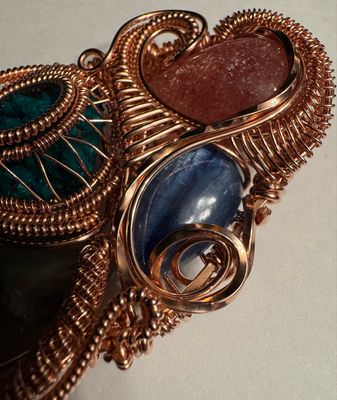 Sunstone, Dioptase, Kyanite, Labradorite Pendant In Cooper